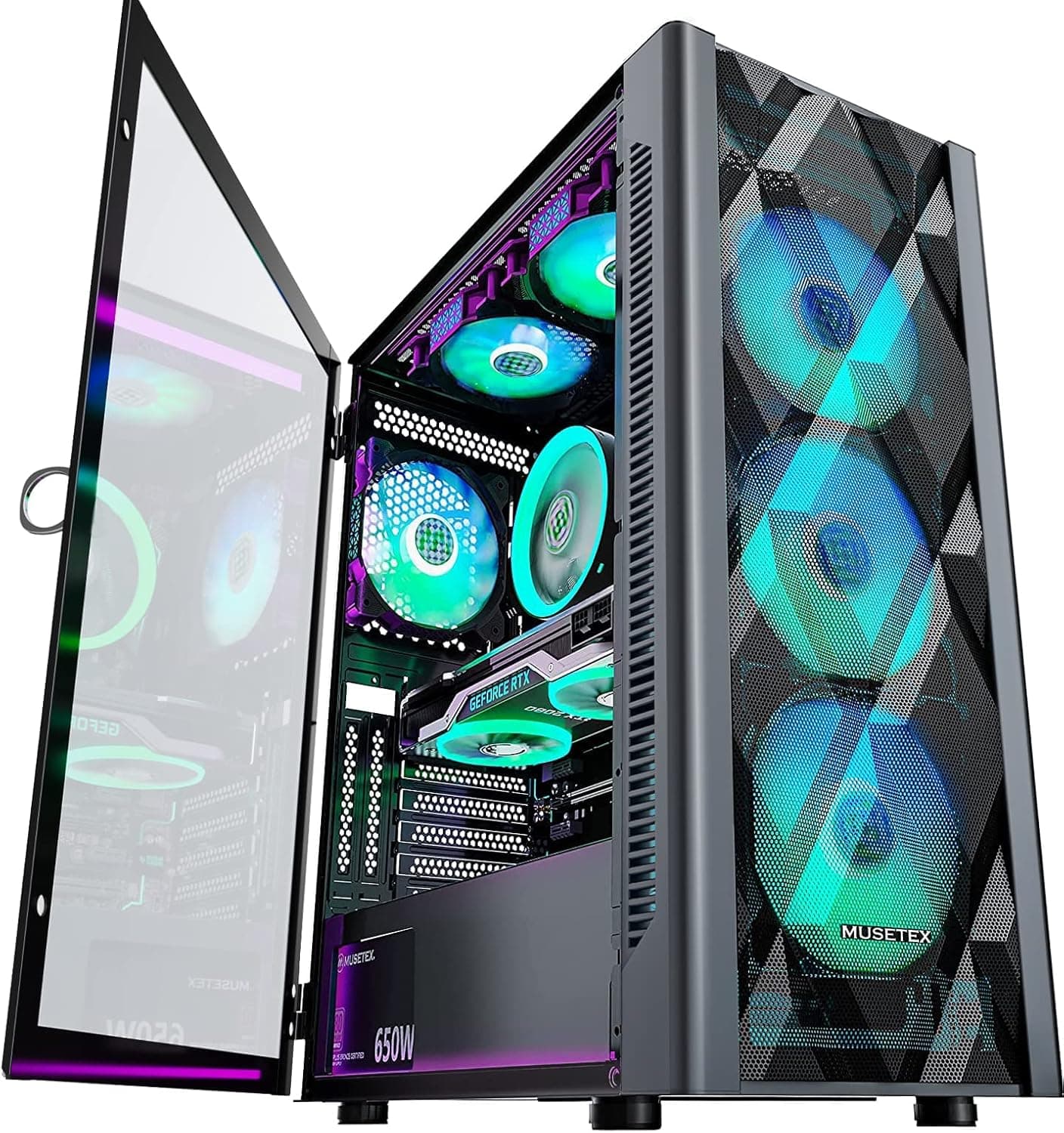 MUSETEX ATX PC Case Pre-Install 6 PWM ARGB Fans, Polygonal Mesh Computer Gaming Case, Opening Tempered Glass Side Panel Mid-Tower Case, USB 3.0 x 2, Black, NN8 thumbnail 1
