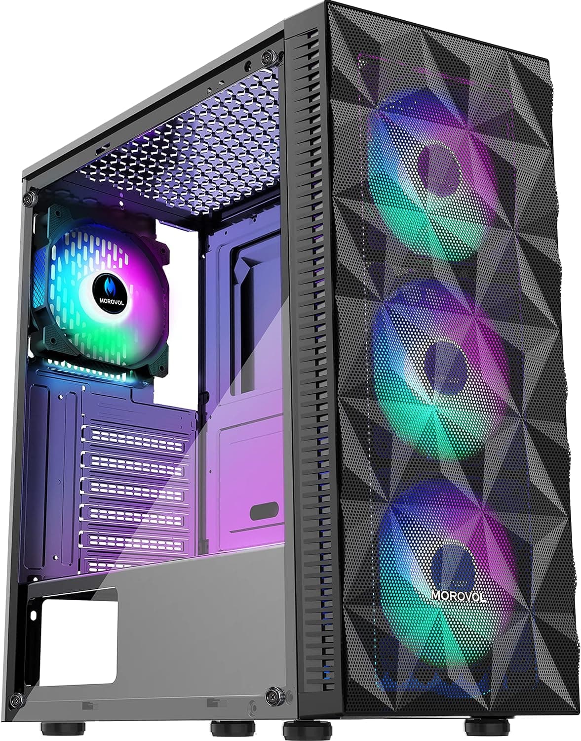 MOROVOL PC Case Pre-Install 4 RGB Fans, ATX Gaming Computer Case with Diamond-Shaped Mesh Front & Tempered Glass Side Panel, USB 3.0 Airflow Mid Tower case,621 thumbnail 1