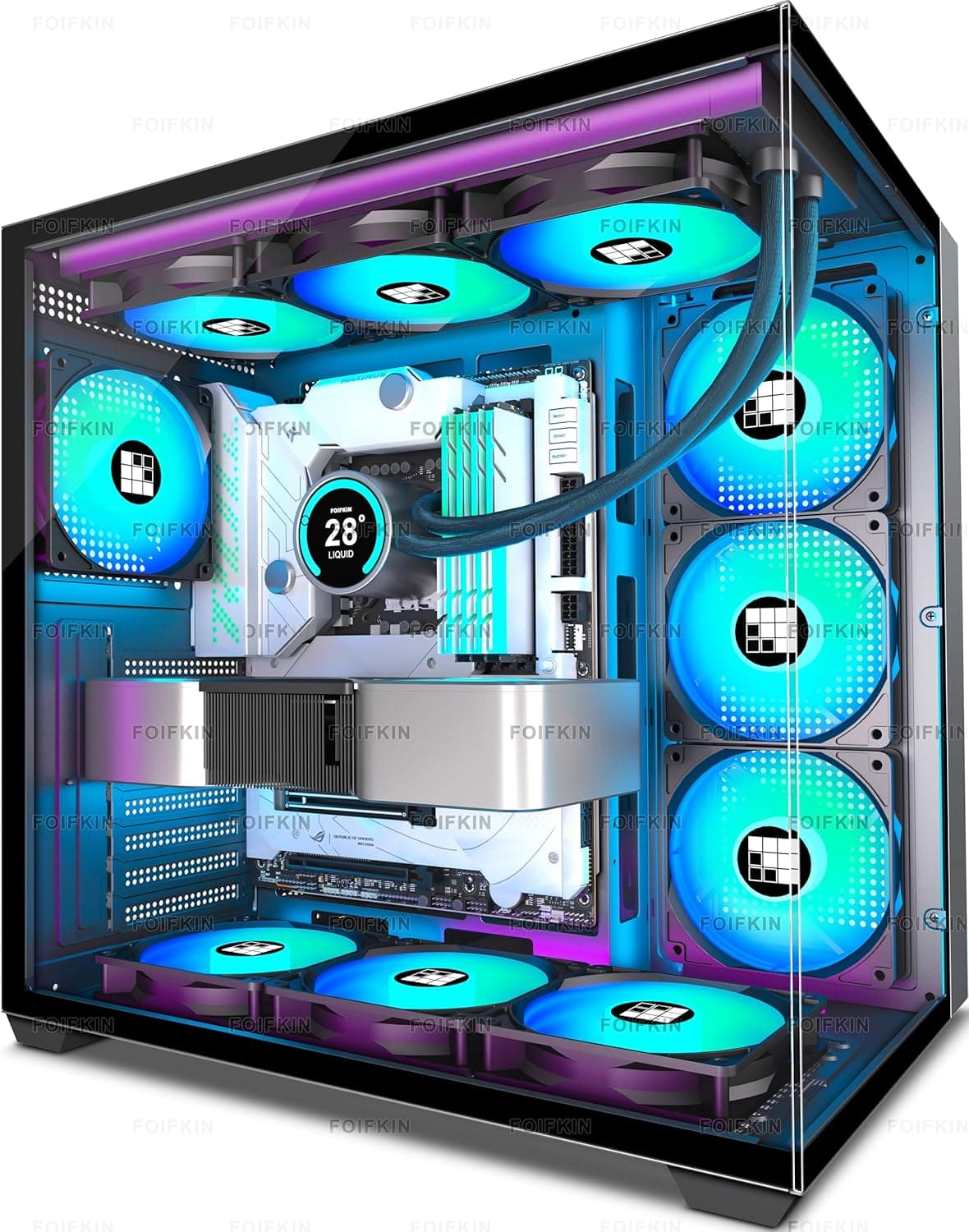 FOIFKIN F600 PC Case - Pre-Installed 7 PWM ARGB Fan, ATX Mid-Tower Gaming PC Case, 270° Panoramic Glass with Type-C, FOIFKIN (Black, F600) thumbnail 1